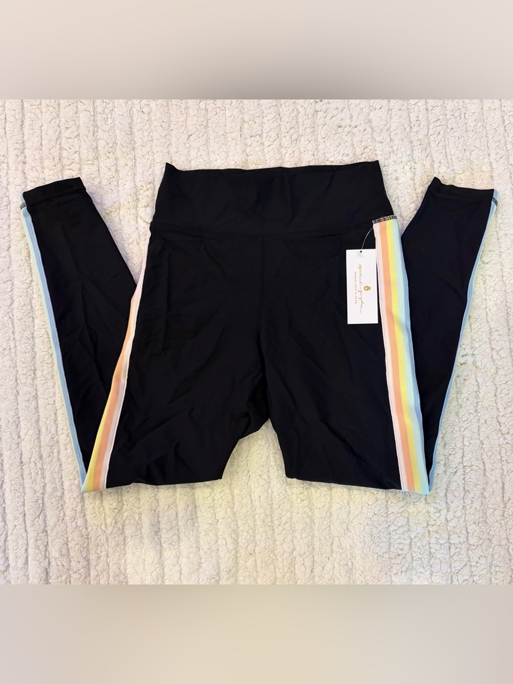 Spiritual Gangster Black Leggings with Pastel Rainbow Side Stripes